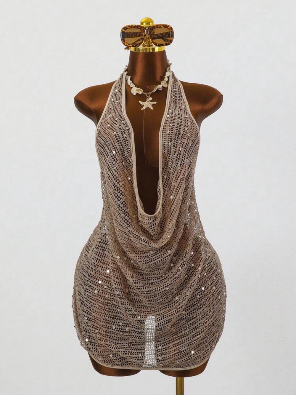 SHEIN Brown Mesh Sequin Halter Swim Coverup